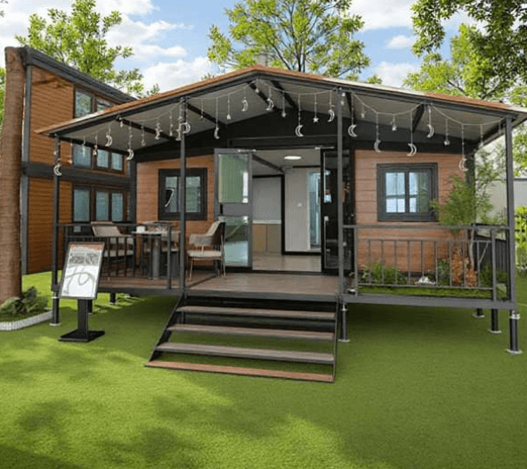 56-m²-Wohncontainer mit Terrasse und überdachtem Eingang
