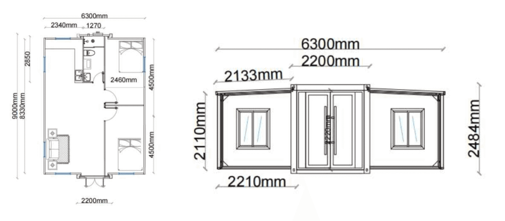 Maßzeichnung und Raumkonzept des 56-m²-Wohncontainers