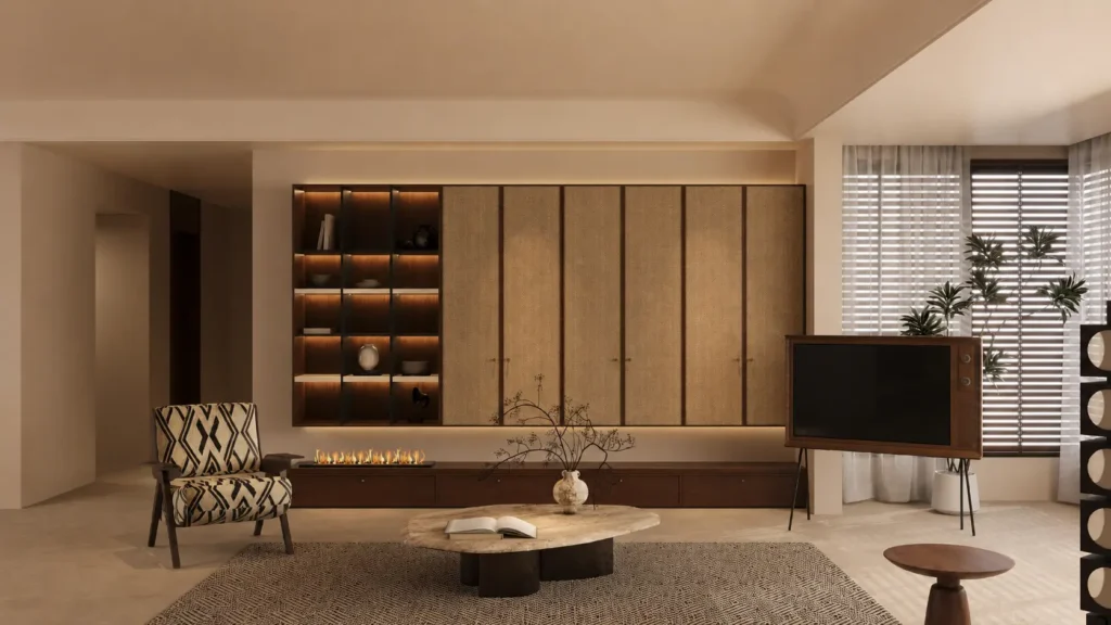 Wohnraum mit integrierter Schrank- und Medienwand